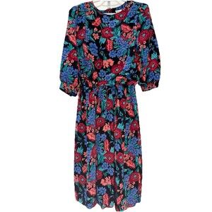 Vintage 80s 90s Floral Midi Dress Black Blue Red Bold Print 11/12 Shoulder Pads